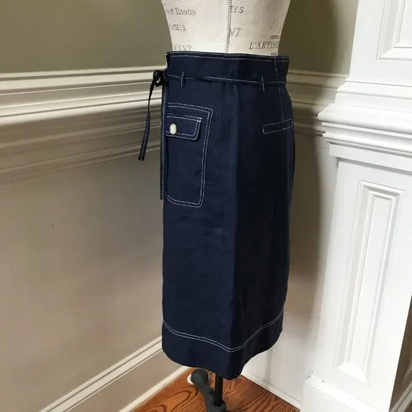 NWT JCrew Button Up Skirt Womens 8 T Tall Navy Blue Straight Stretch Linen NEW - Picture 11 of 15